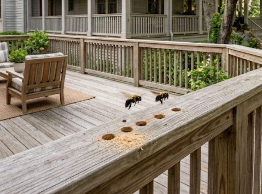 Carpenter bees hovering near fresh drill holes on a weathered Lowcountry porch railing.
