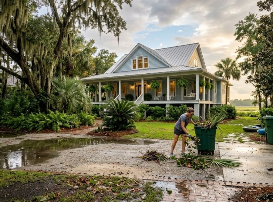 A woman cleans up fallen palm branches into a green bin outside a classic blue Lowcountry house with a metal roof on a rain-soaked driveway.
