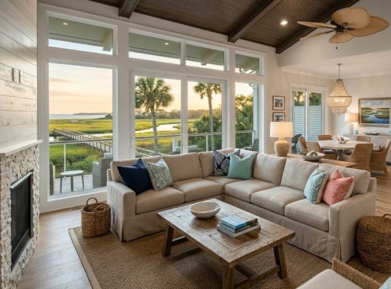 Modern coastal living room interior in Hilton Head, SC, featuring a neutral sectional sofa, rustic wooden coffee table, and large sliding glass doors overlooking a scenic salt marsh at sunset