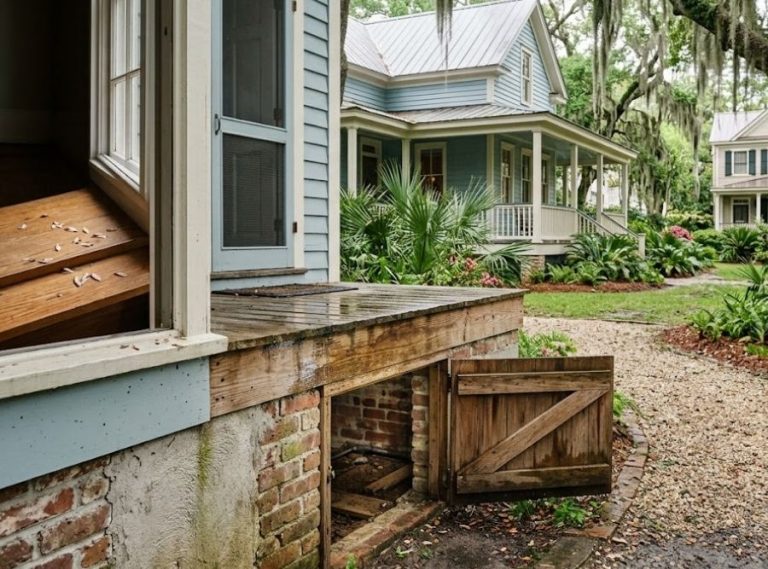 exterior foundation and crawl-space entrance of a traditional Lowcountry home in Beaufort, South Carolina