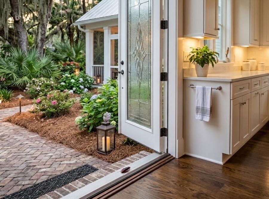 Clean Lowcountry home kitchen entryway in Beaufort, SC with a palmetto bug at the door threshold.