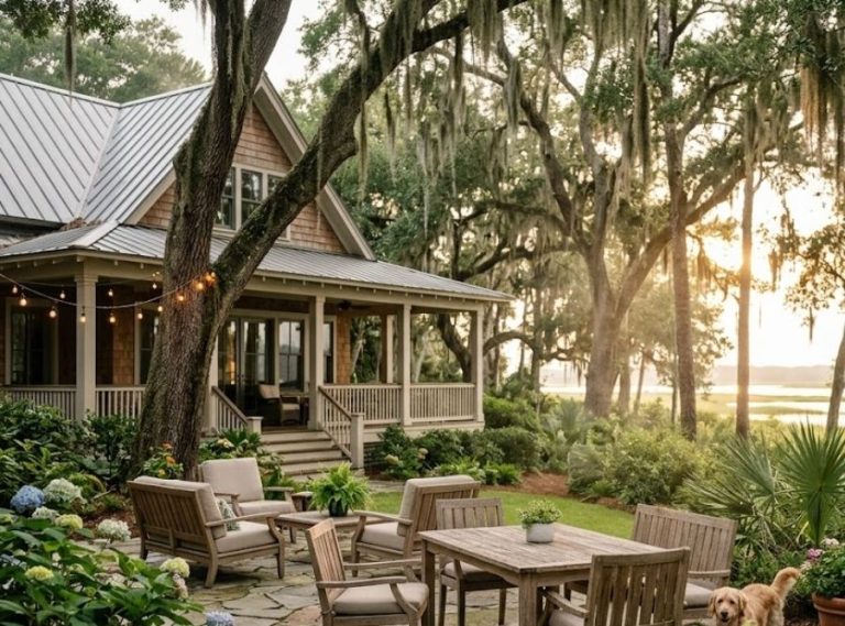 Lowcountry waterfront home and stone patio with Spanish moss oaks, wooden furniture, and a golden retriever at sunset.