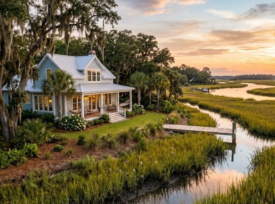 An aerial view of a Lowcountry-style marshfront home in Port Royal, South Carolina, surrounded by live oak trees and Spanish moss during a golden hour sunset.