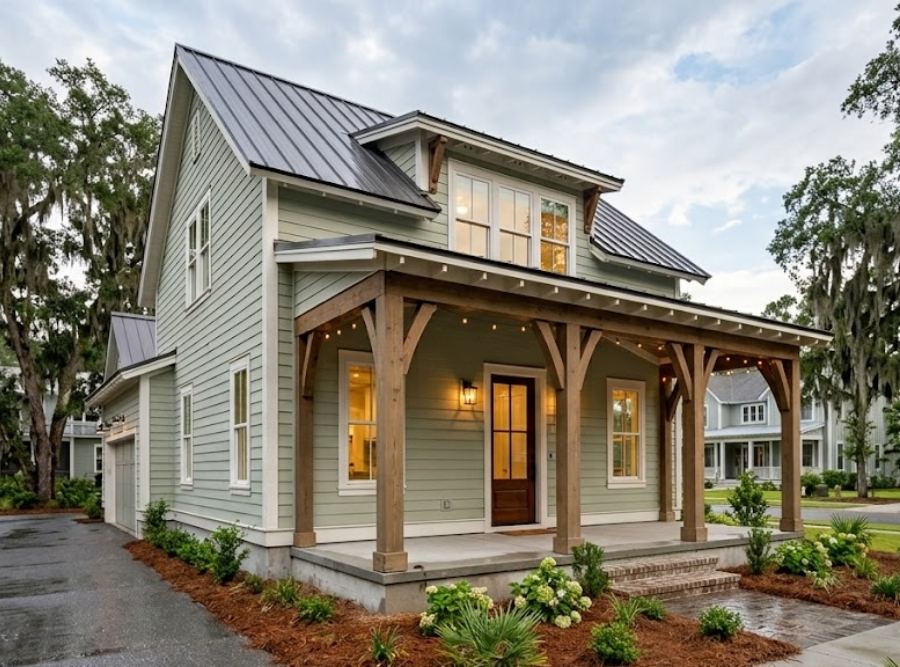 Modern farmhouse with green siding, metal roof, and large front porch with wooden posts