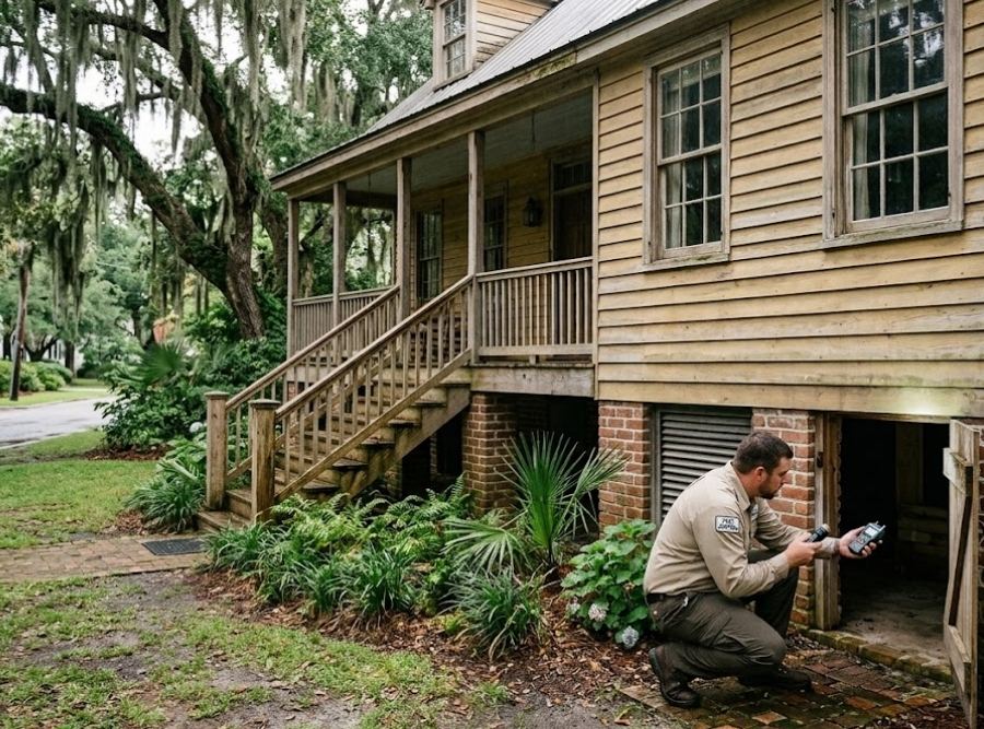 Pest inspector examining the crawl space of a historic Lowcountry home in Beaufort, South Carolina