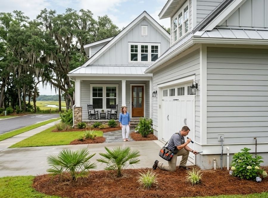 Modern light gray farmhouse in Hilton Head, SC, with white siding, metal roof, and professional pest control inspection near garage
