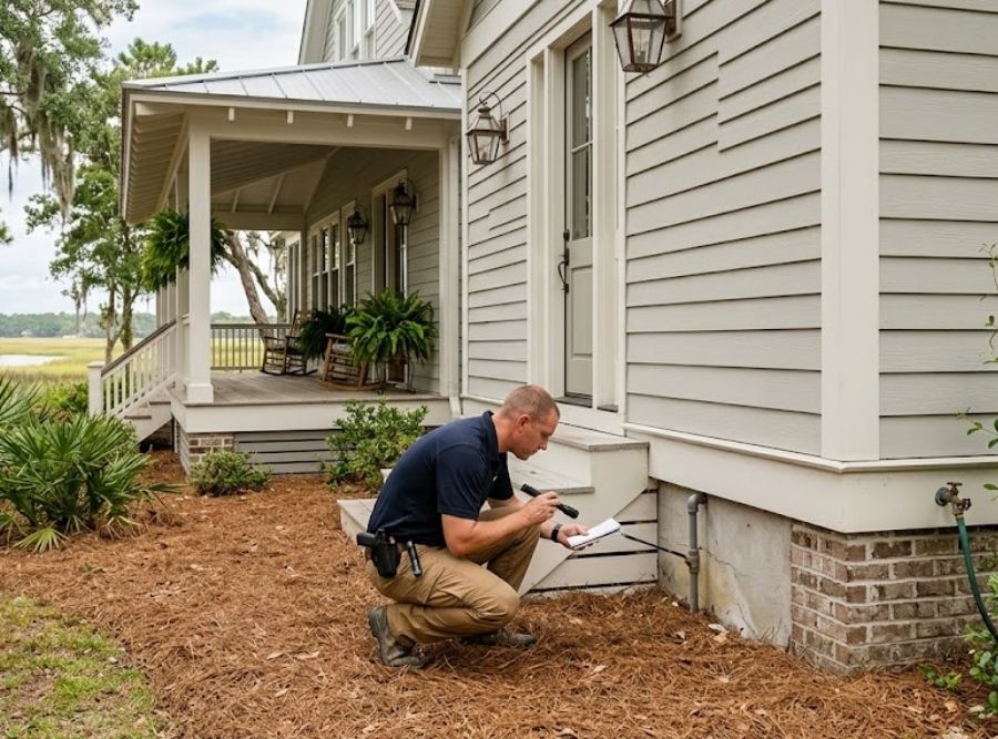 Professional pest control technician inspecting the foundation of a South Carolina Lowcountry home.
